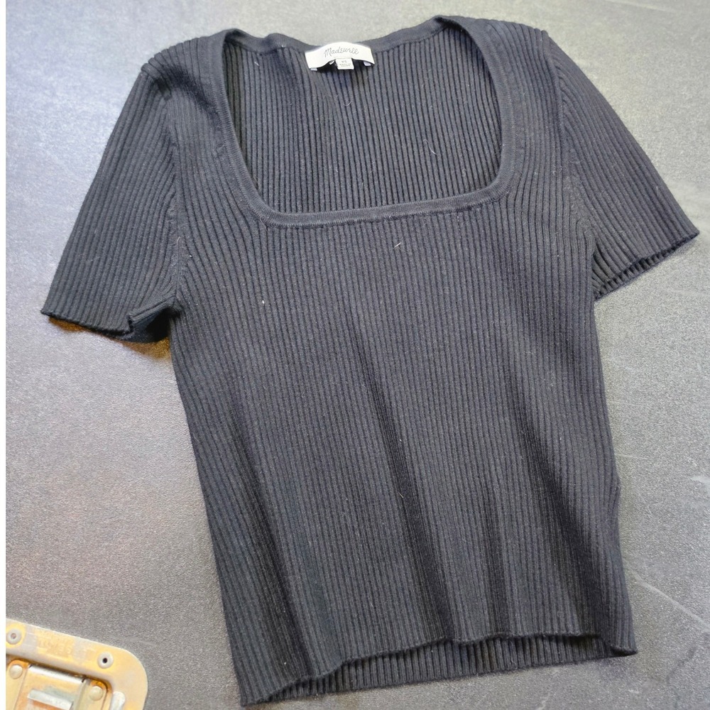 Madewell Black Ribbed Square Neck Short Sleeve Knit Top XS 1949